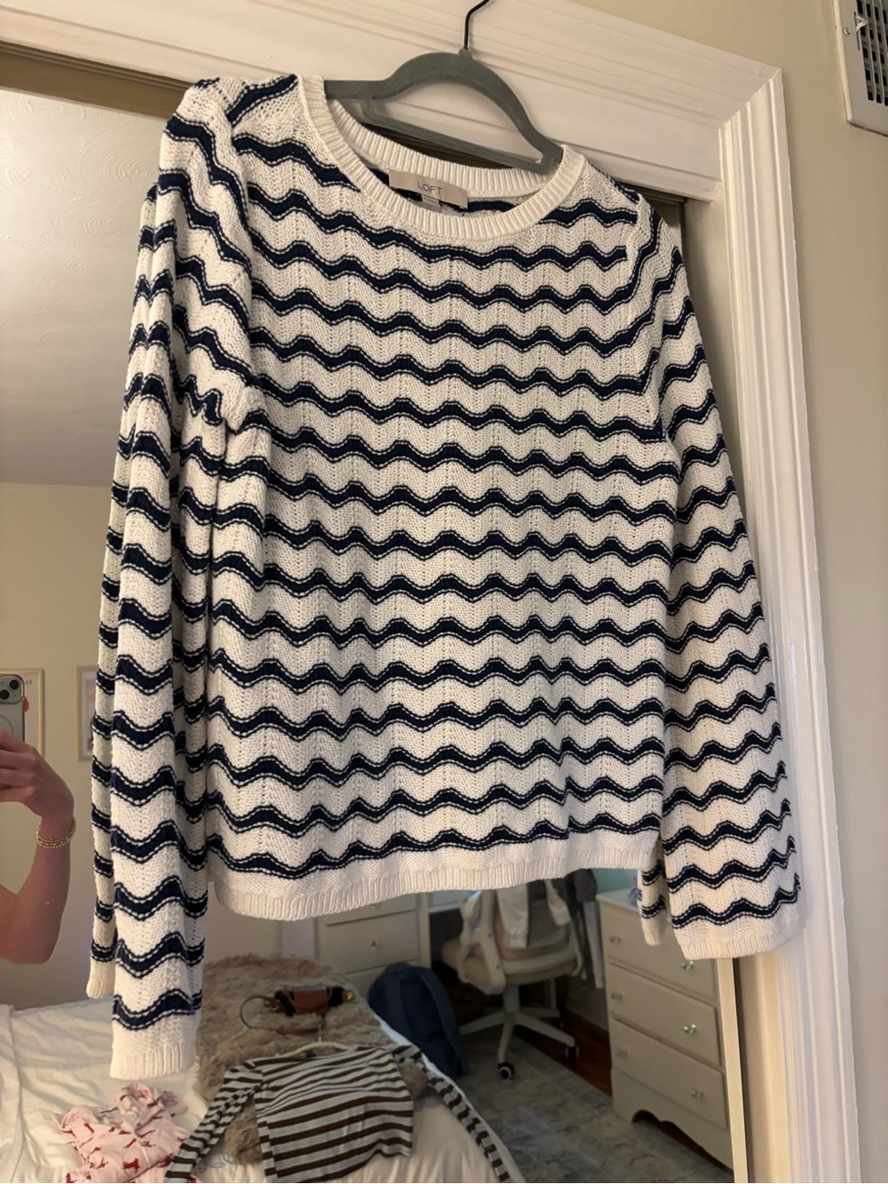 LOFT White & Navy Wave Knit Crewneck Sweater